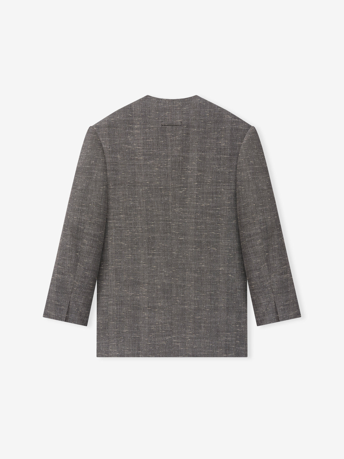 Slub Wool Cotton Belted Jacket shown flat from the back in textured gray with long sleeves and a clean straight hem as Outerwear