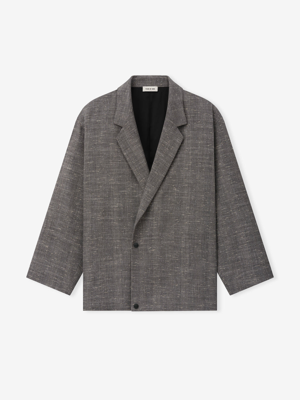 Slub Wool Cotton Relaxed Jacket shown flat in textured gray with notched lapels two button closure long sleeves and a relaxed straight silhouette as Outerwear