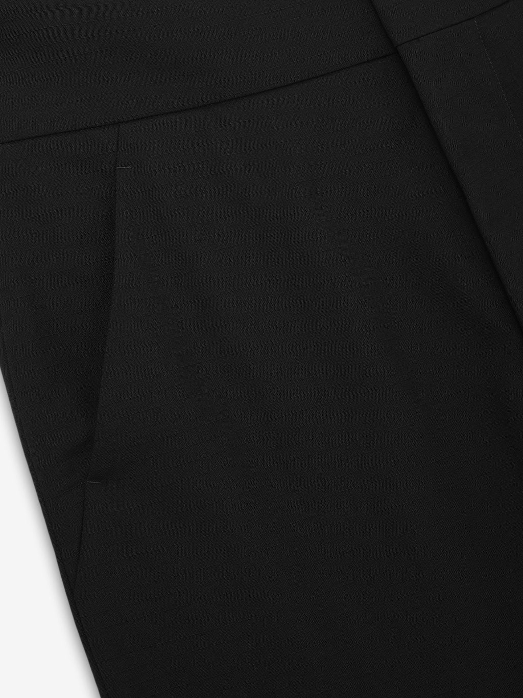 Wool Ripstop Casual Flat Front Pants close up in black showing the flat front waistband angled side pocket and smooth ripstop fabric as Bottoms