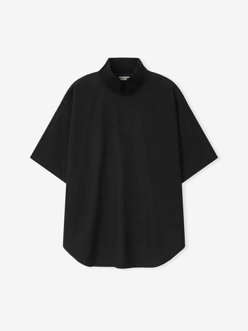 Wool Ripstop Pullover Shirt shown flat in black with a stand collar short sleeves relaxed fit and curved hem as Tops