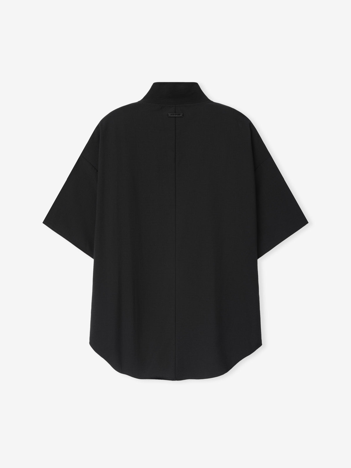 Wool Ripstop Pullover Shirt shown flat in black with a stand collar short sleeves central closure relaxed shape and curved hem as Tops