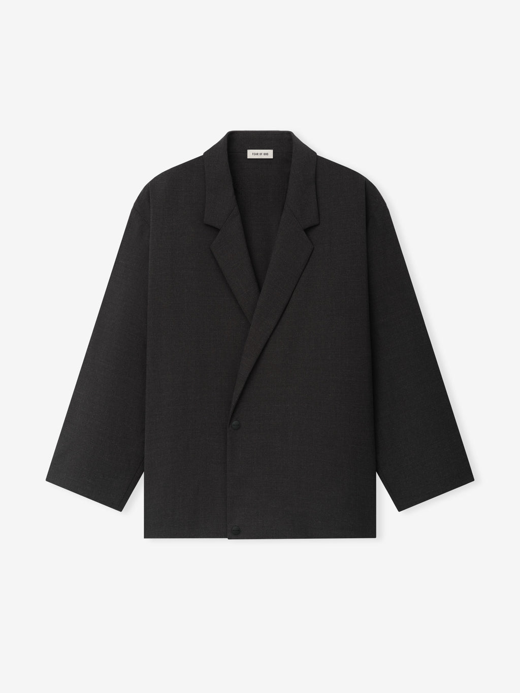 Melange Wool Relaxed Jacket shown flat in black with notch lapels a single button closure long sleeves and a relaxed silhouette as Outerwear