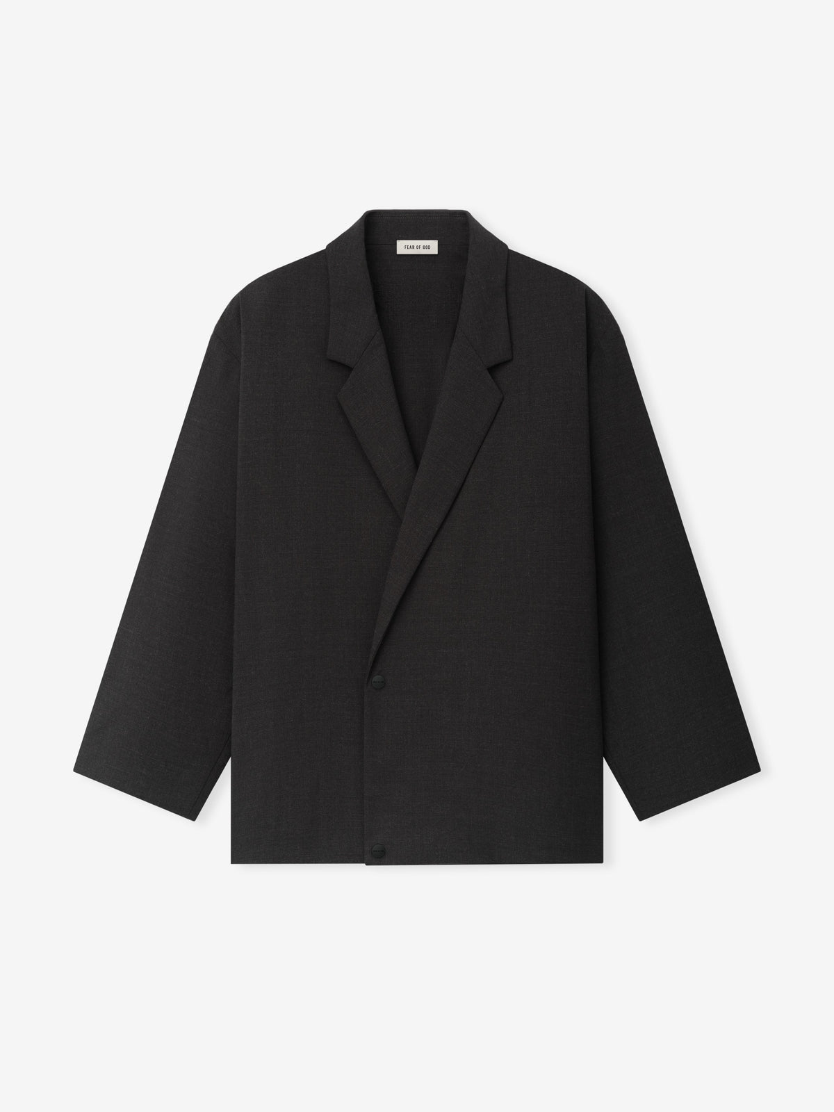 Melange Wool Relaxed Jacket shown flat in black with notch lapels a single button closure long sleeves and a relaxed silhouette as Outerwear