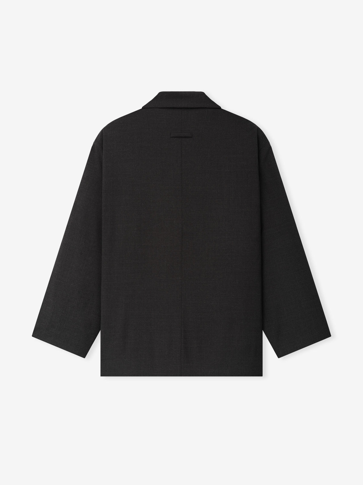 Melange Wool Relaxed Jacket shown flat from the back in black with a structured collar long sleeves and a relaxed straight silhouette as Outerwear