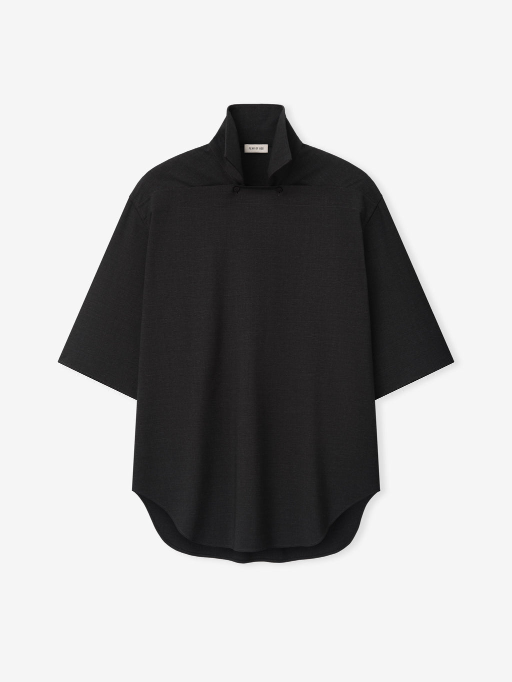 Melange Wool Pullover Shirt shown flat in black with a stand collar short sleeves curved hem and relaxed silhouette as Tops