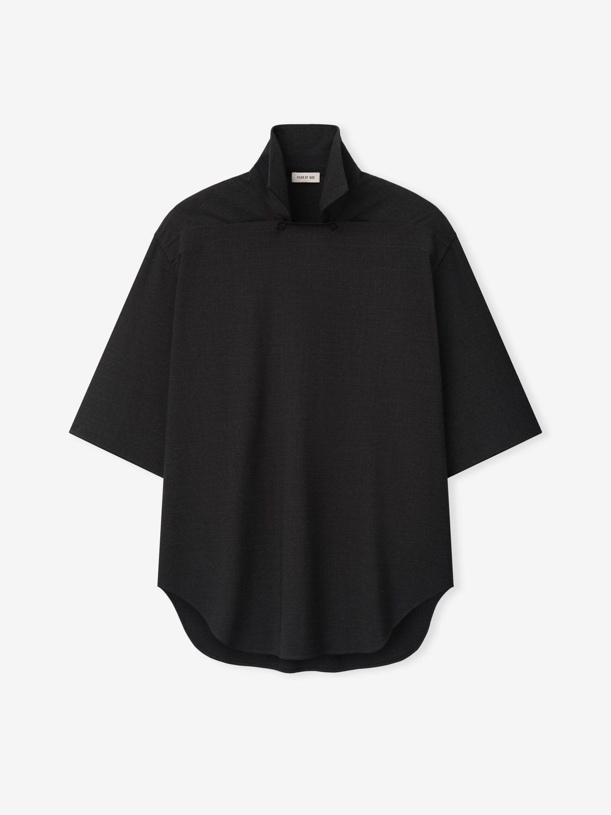 Melange Wool Pullover Shirt shown flat in black with a stand collar short sleeves curved hem and relaxed silhouette as Tops