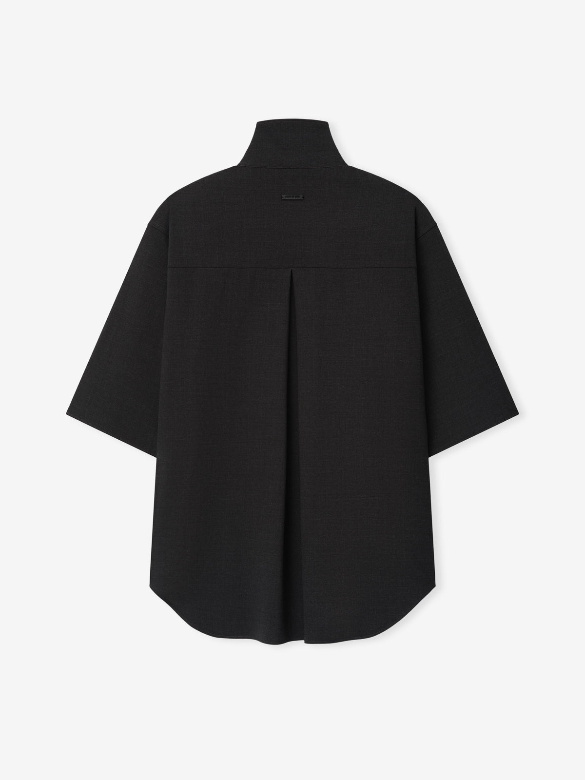 Melange Wool Pullover Shirt shown flat from the back in black with a stand collar short sleeves center pleat and curved hem as Tops