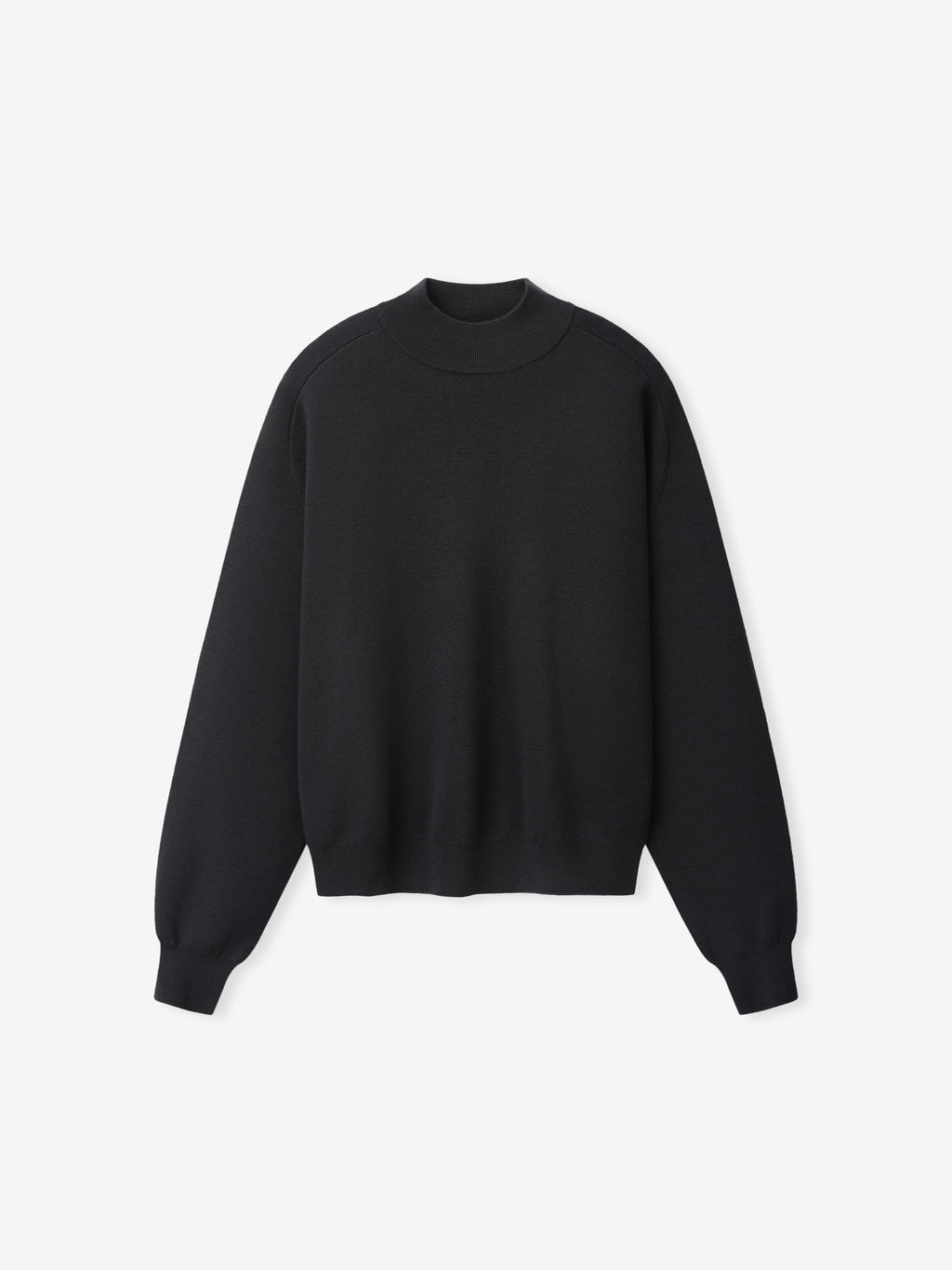 Merino Knit Mockneck Sweater shown flat in black with a ribbed mock neckline long sleeves fitted cuffs and a clean relaxed silhouette as Tops