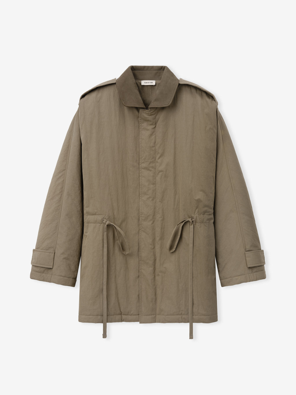 Washed Cotton Nylon Gabardine Field Jacket shown flat in taupe with a spread collar concealed closure drawcord waist flap pockets and adjustable cuffs as Outerwear