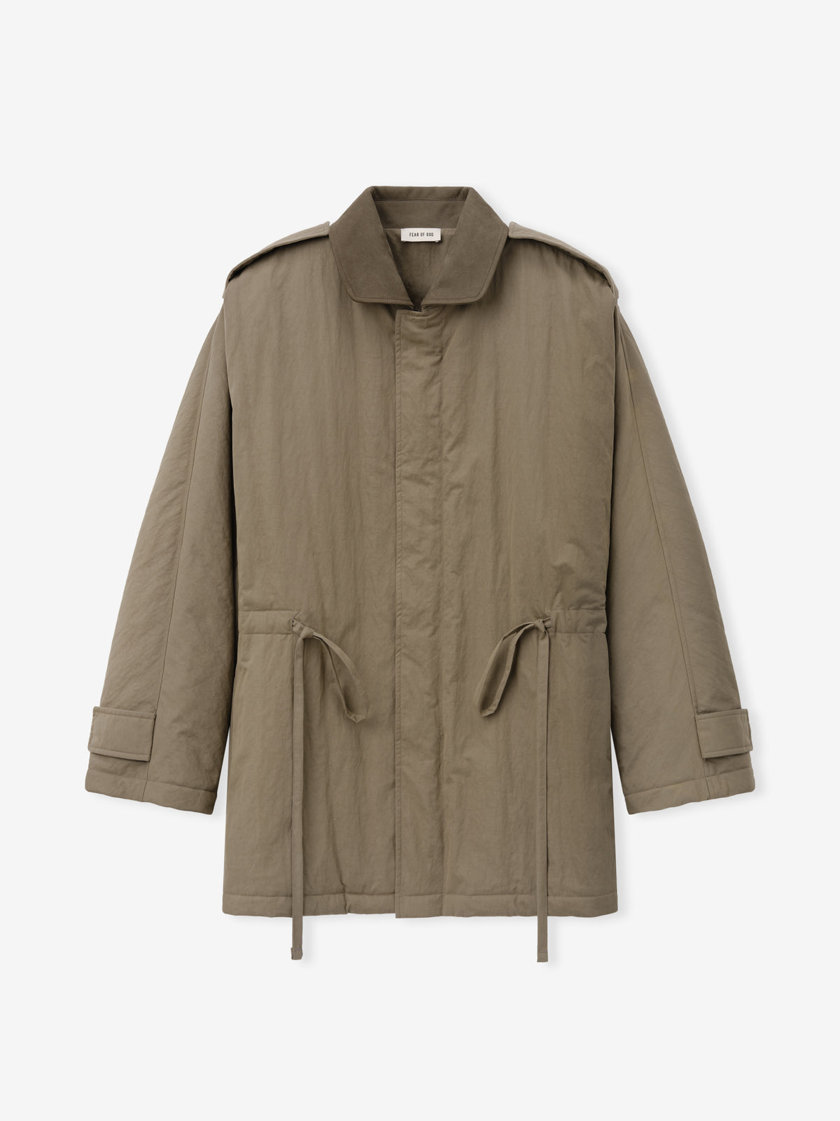 Washed Cotton Nylon Gabardine Field Jacket shown flat in taupe with a spread collar concealed closure drawcord waist flap pockets and adjustable cuffs as Outerwear