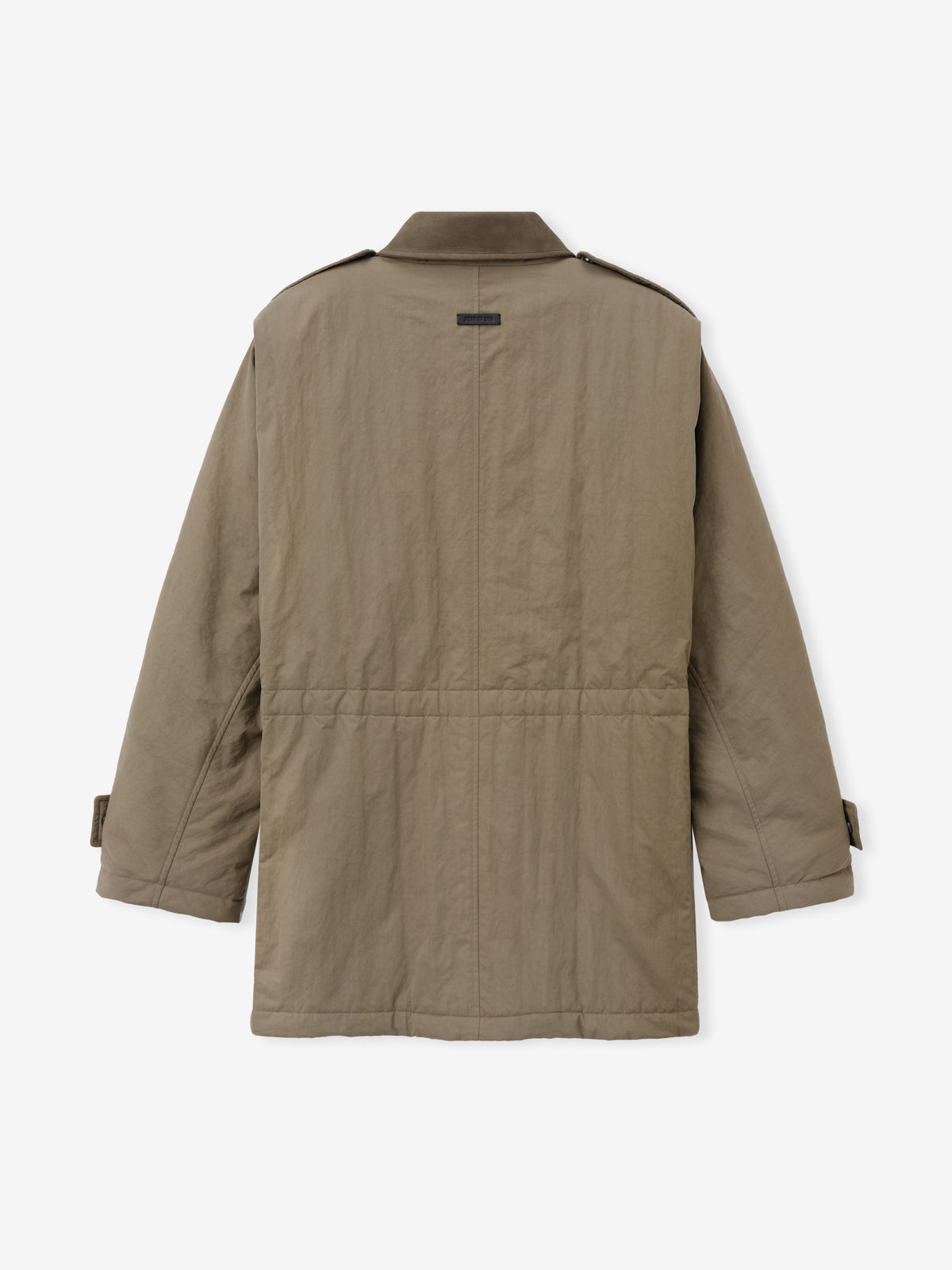 Washed Cotton Nylon Gabardine Field Jacket shown flat from the back in taupe with a stand collar long sleeves seam details and straight hem as Outerwear