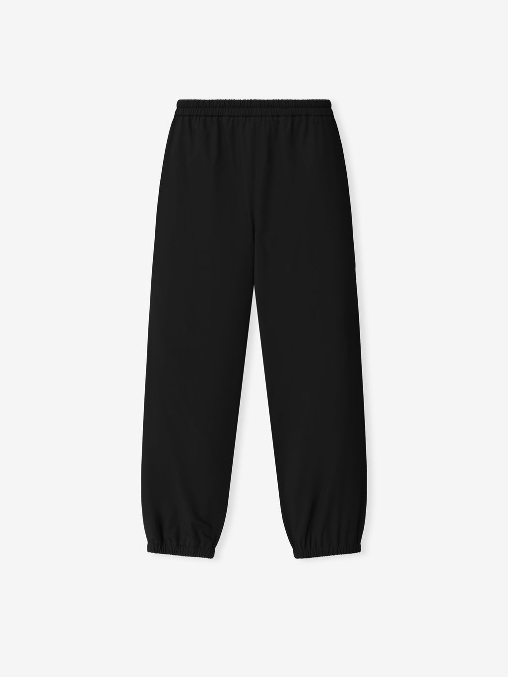 Bonded Nylon Track Pant shown flat in black with an elastic waist tapered legs and gathered ankle cuffs as Bottoms