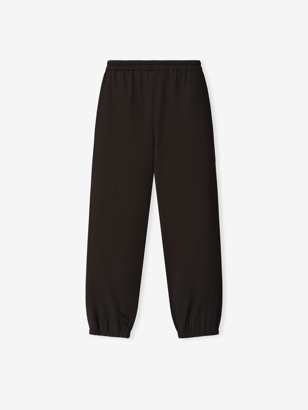 Bonded Nylon Track Pant shown flat in dark brown with an elastic waistband and gathered ankle cuffs as Bottoms