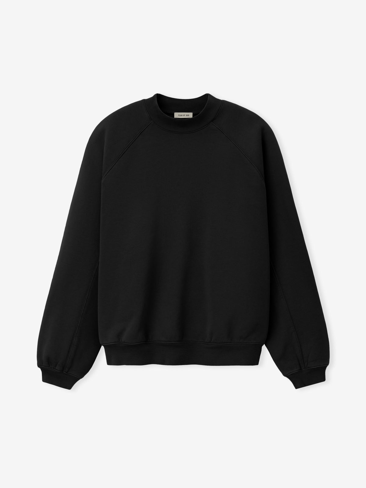 Fleece Crewneck in black displayed flat with raglan sleeves ribbed crew neckline cuffs and hem and a relaxed silhouette as Tops
