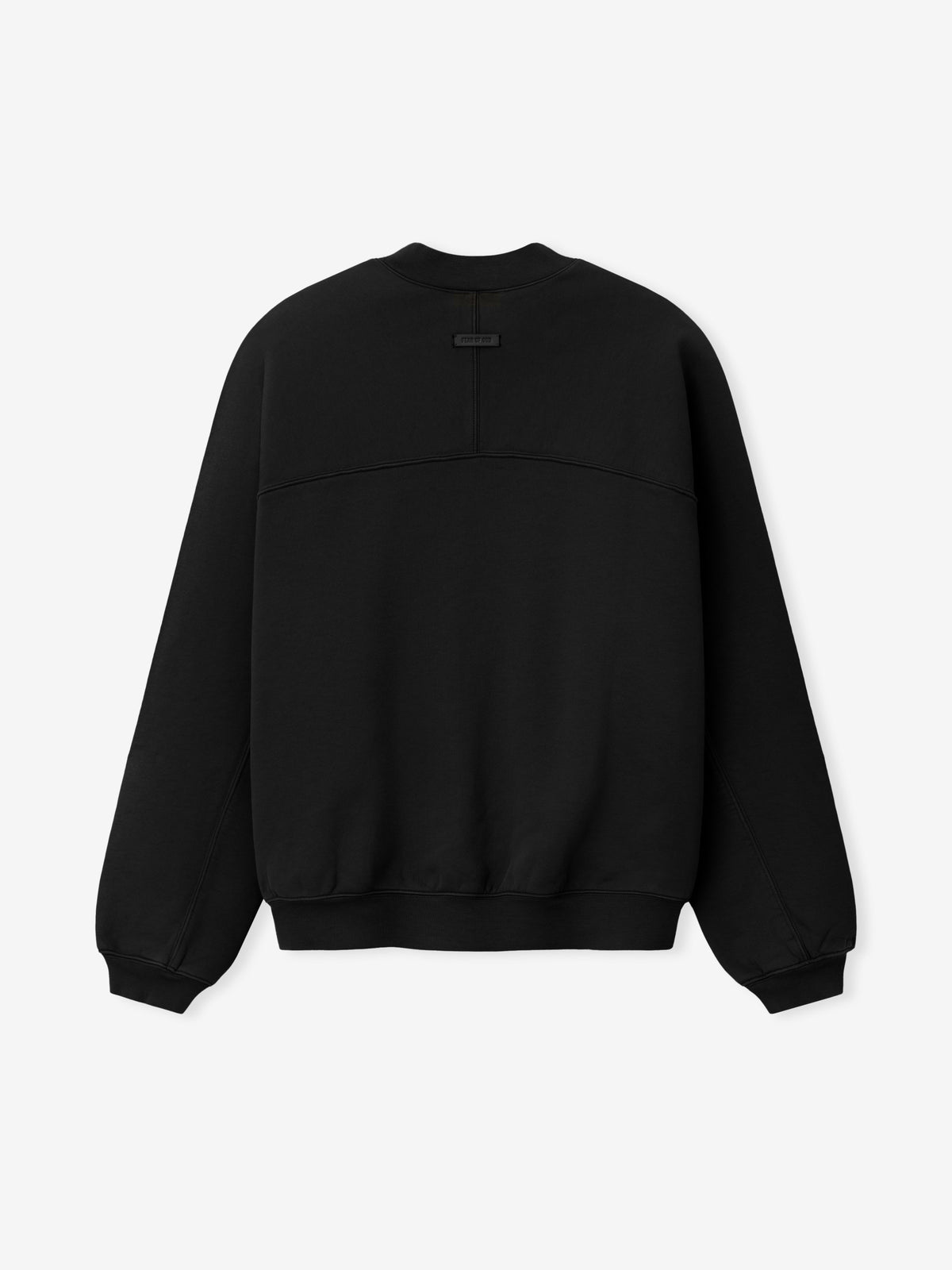 Fleece Crewneck in black displayed flat with a curved chest seam ribbed crew neckline cuffs and hem and relaxed long sleeves as Tops