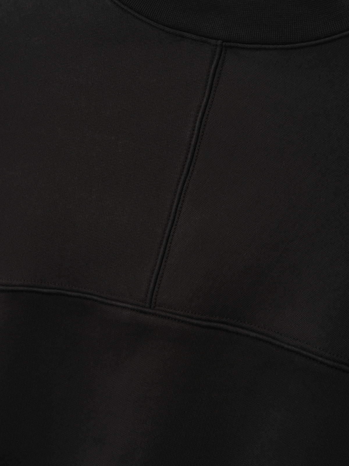 Fleece Crewneck in black shown close up with a ribbed neckline and curved stitched chest seam revealing smooth fleece texture as Tops