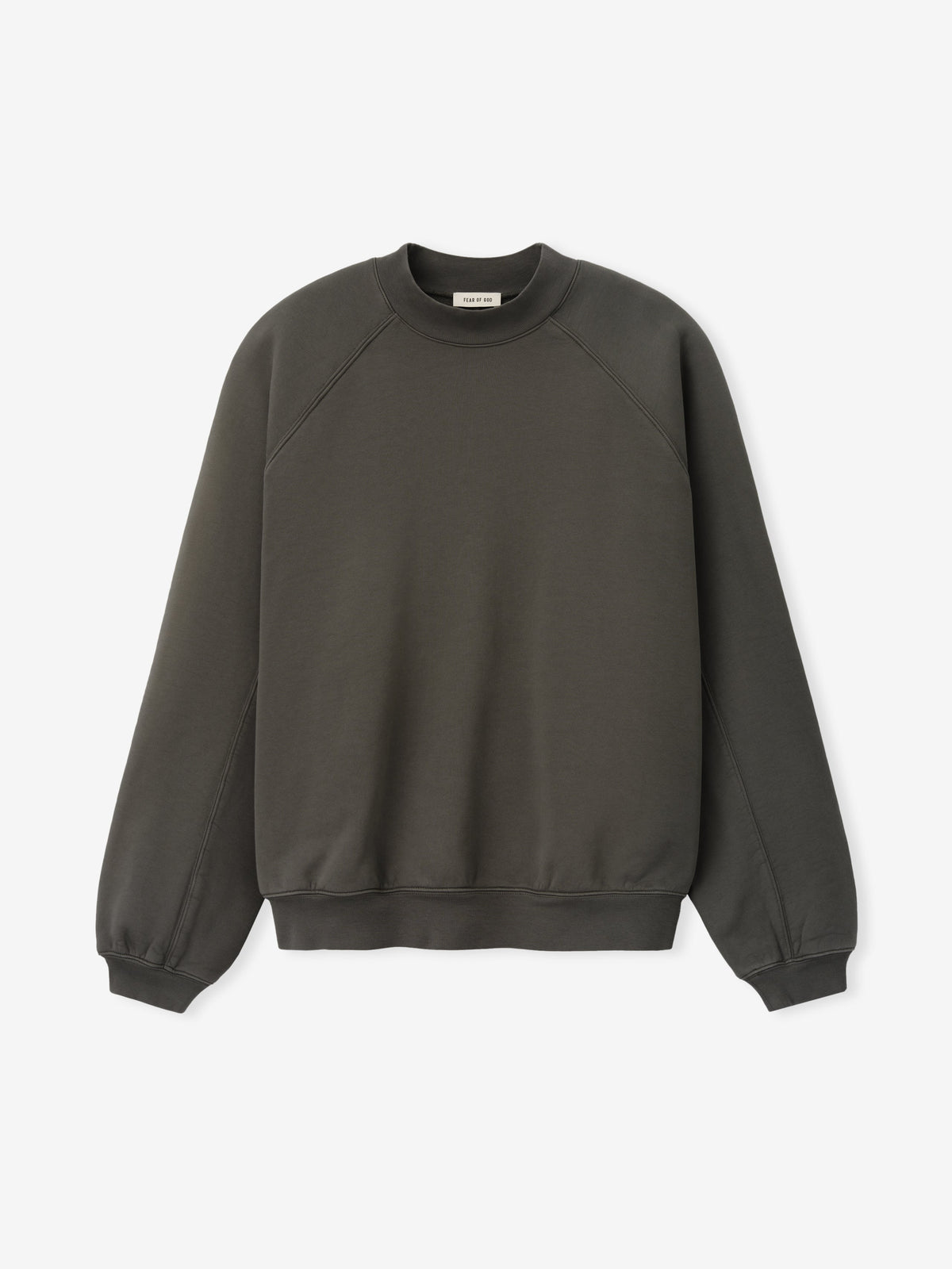 Fleece Crewneck in dark gray displayed flat with raglan sleeves ribbed crew collar cuffs and hem as Tops