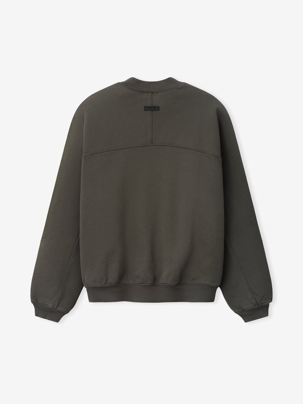 Fleece Crewneck in dark gray displayed flat with a curved chest seam ribbed crew neckline cuffs and hem and a small neck label as Tops