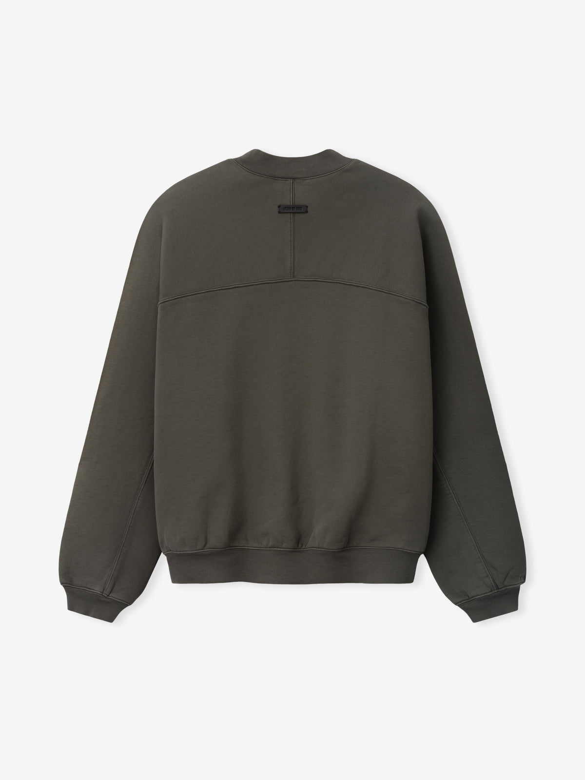 Fleece Crewneck in dark gray displayed flat with a curved chest seam ribbed crew neckline cuffs and hem and a small neck label as Tops