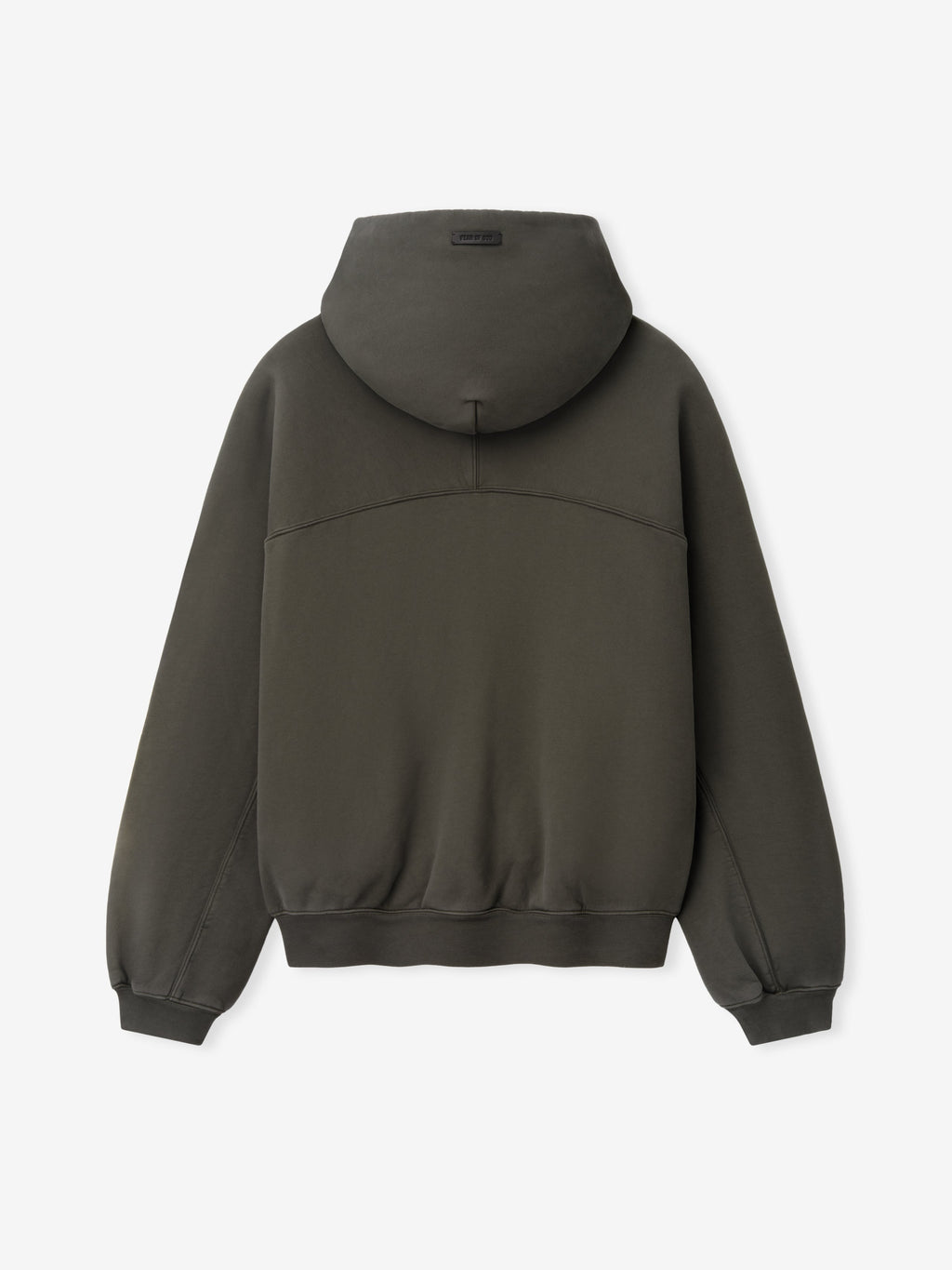 Raglan Hoodie in dark gray displayed flat from the back with a pull-on hood curved yoke seam ribbed cuffs and hem and relaxed long sleeves as Tops