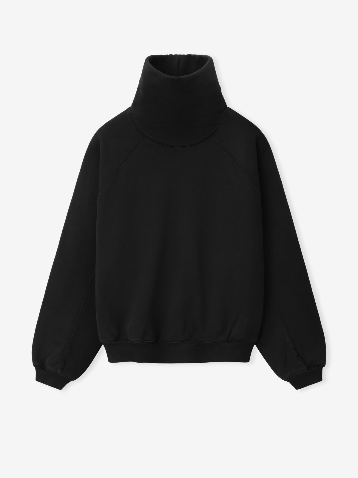 Raglan Funnel Neck Sweatshirt in black displayed flat from the front with a high funnel collar raglan sleeves ribbed cuffs and hem and a relaxed fit as Tops