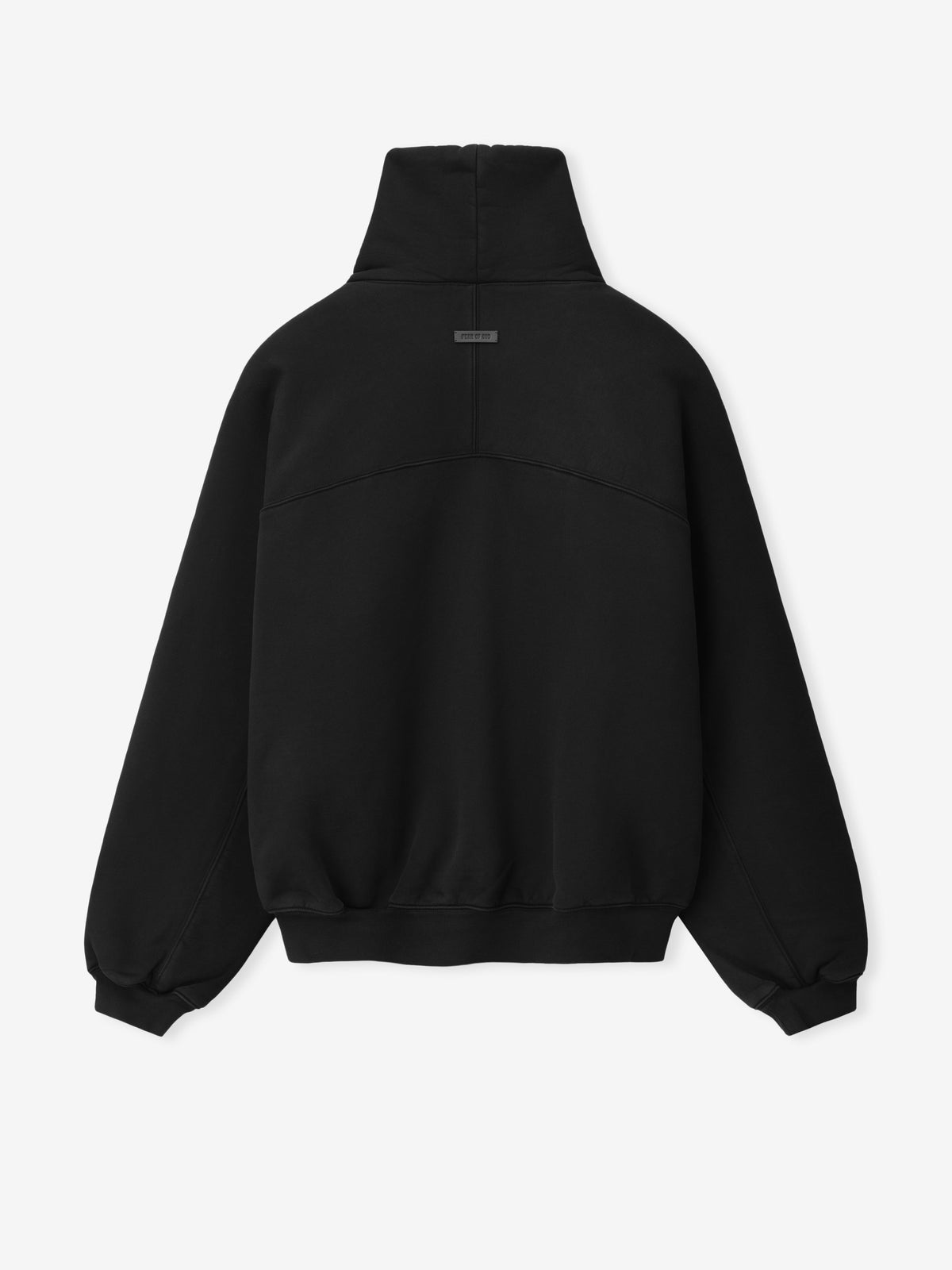 Raglan Funnel Neck Sweatshirt in black laid flat from the back with a raised funnel collar curved yoke seam raglan sleeves ribbed cuffs and hem and relaxed fit as Tops