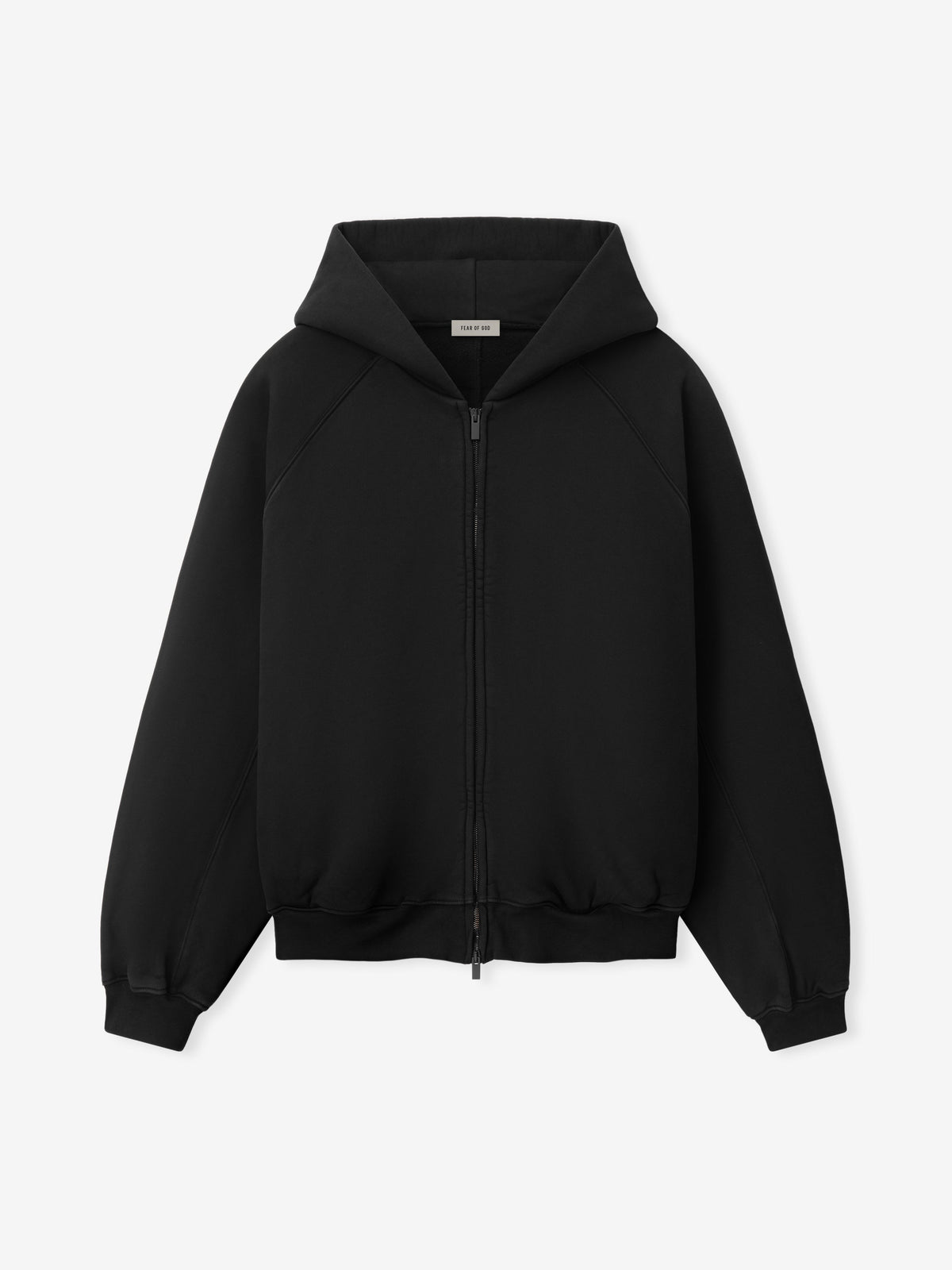 Raglan Full Zip Hoodie in black displayed flat from the front with a full length zipper hood raglan sleeves ribbed cuffs and hem and a relaxed fit as Tops