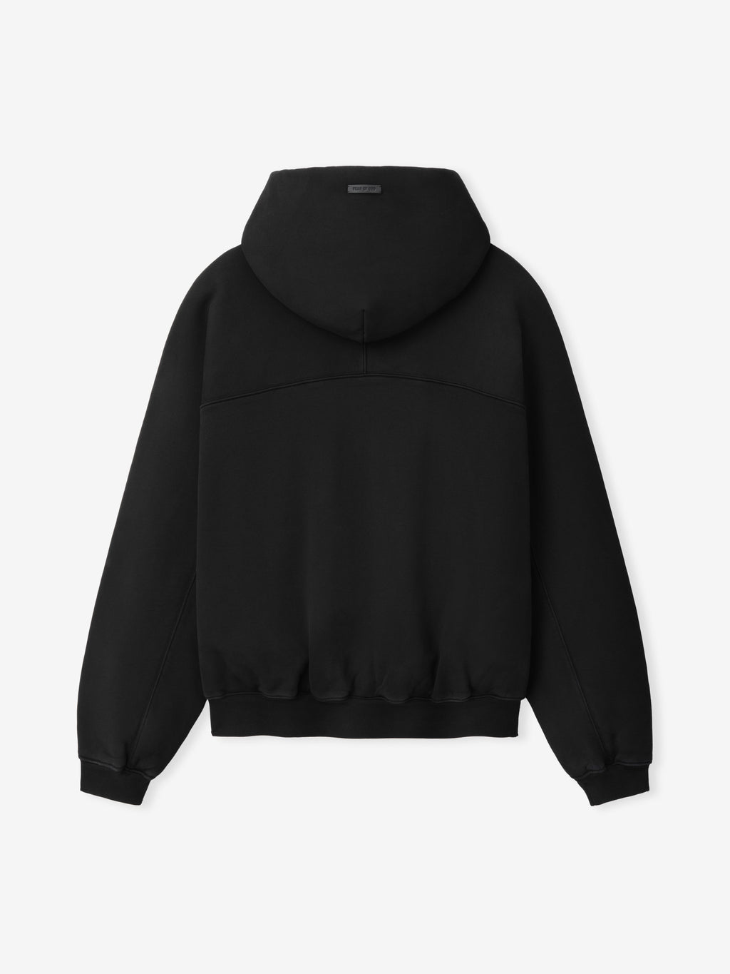 Raglan Full Zip Hoodie in black shown flat from the back with a hood raglan sleeves curved yoke seam ribbed cuffs and hem and relaxed fit as Tops