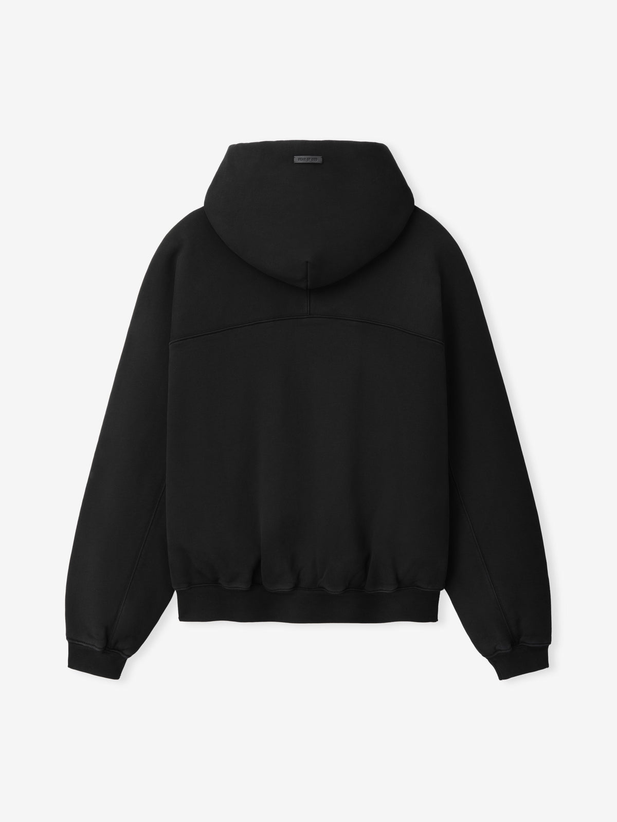 Raglan Full Zip Hoodie in black shown flat from the back with a hood raglan sleeves curved yoke seam ribbed cuffs and hem and relaxed fit as Tops