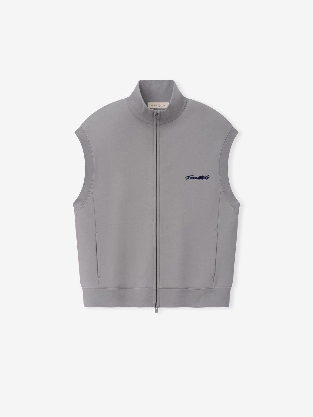 Vest in grey with a sleeveless silhouette stand collar front zip closure side pockets and chest logo displayed flat as Outerwear