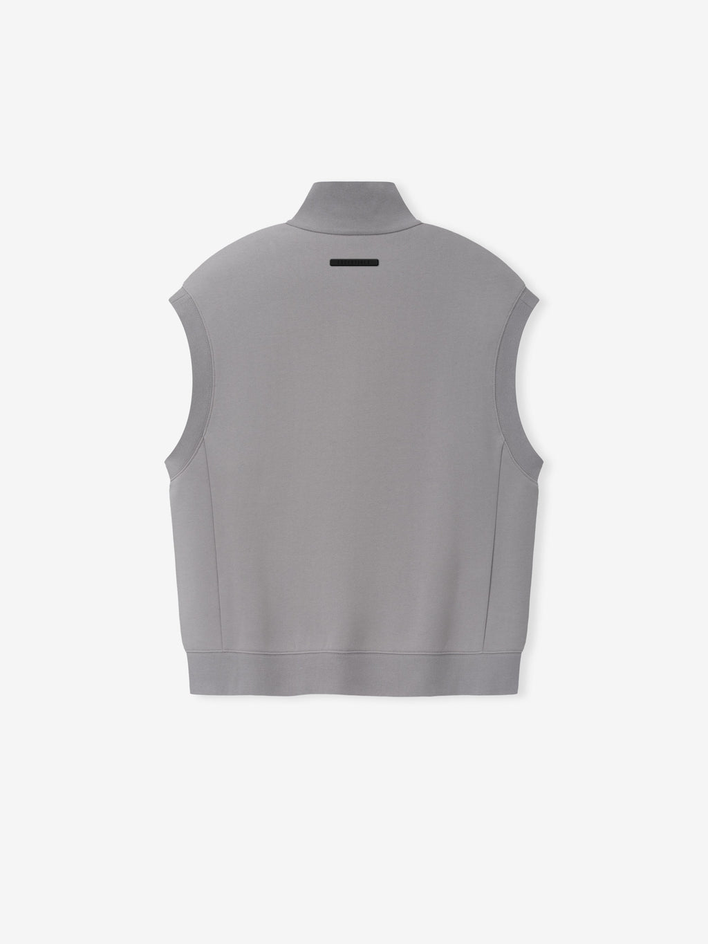 Vest in grey shown from the back with a sleeveless silhouette stand collar clean panelled design subtle black logo and ribbed hem as Outerwear