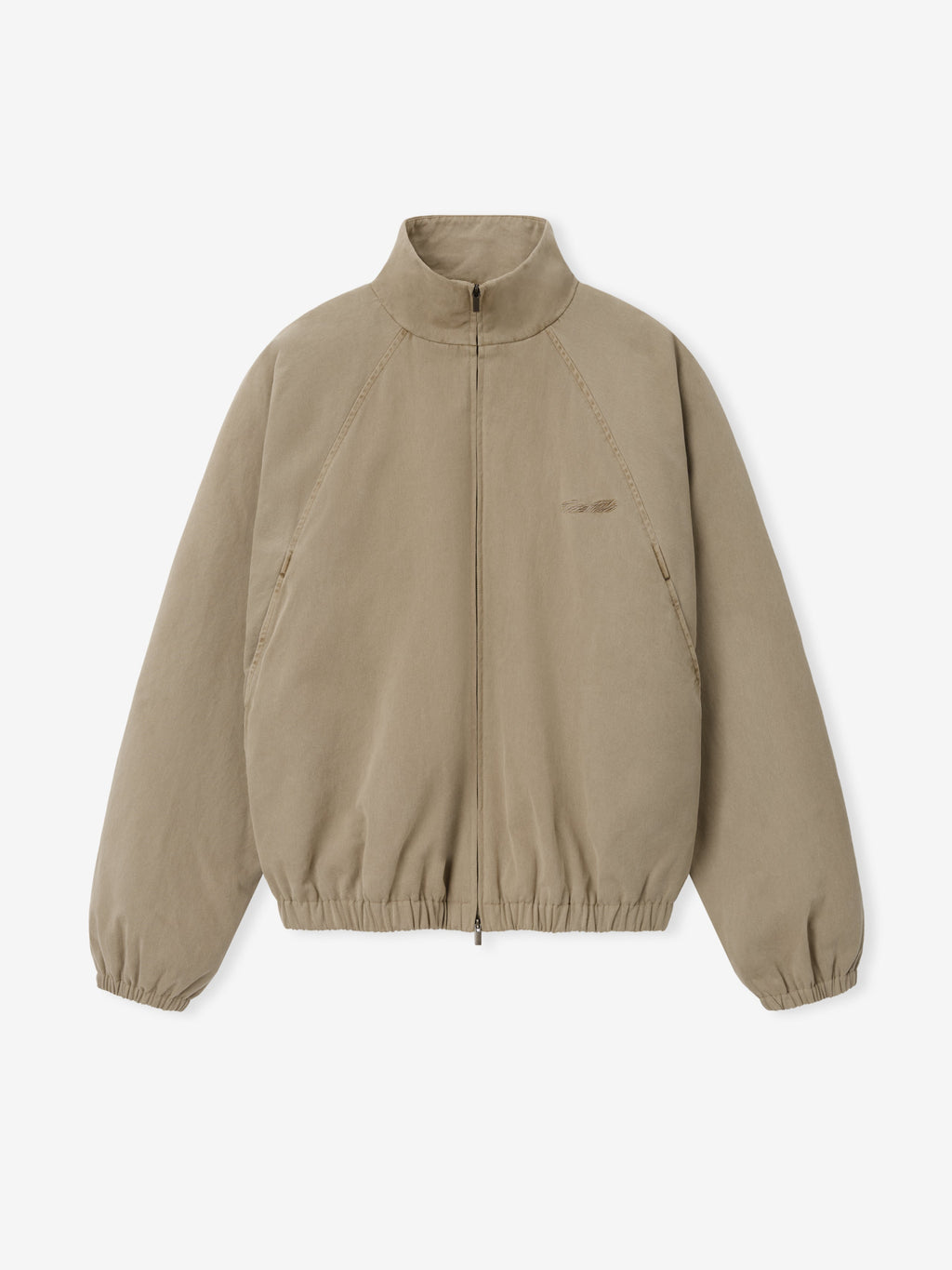 Cotton Twill Modern Filled Jacket in taupe displayed flat with a stand collar full zip front angled pockets elastic cuffs and gathered hem as Outerwear