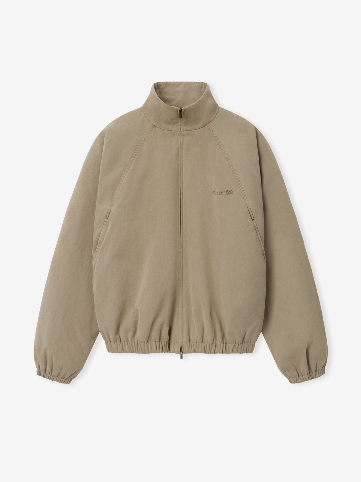 Cotton Twill Modern Filled Jacket in taupe displayed flat with a stand collar full zip front angled pockets elastic cuffs and gathered hem as Outerwear