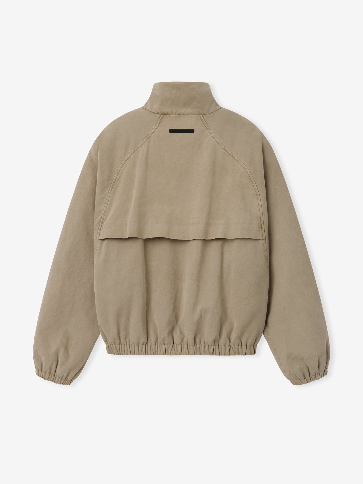 Cotton Twill Modern Filled Jacket in taupe displayed flat with a high stand collar raglan sleeves elastic cuffs gathered hem and back yoke as Outerwear