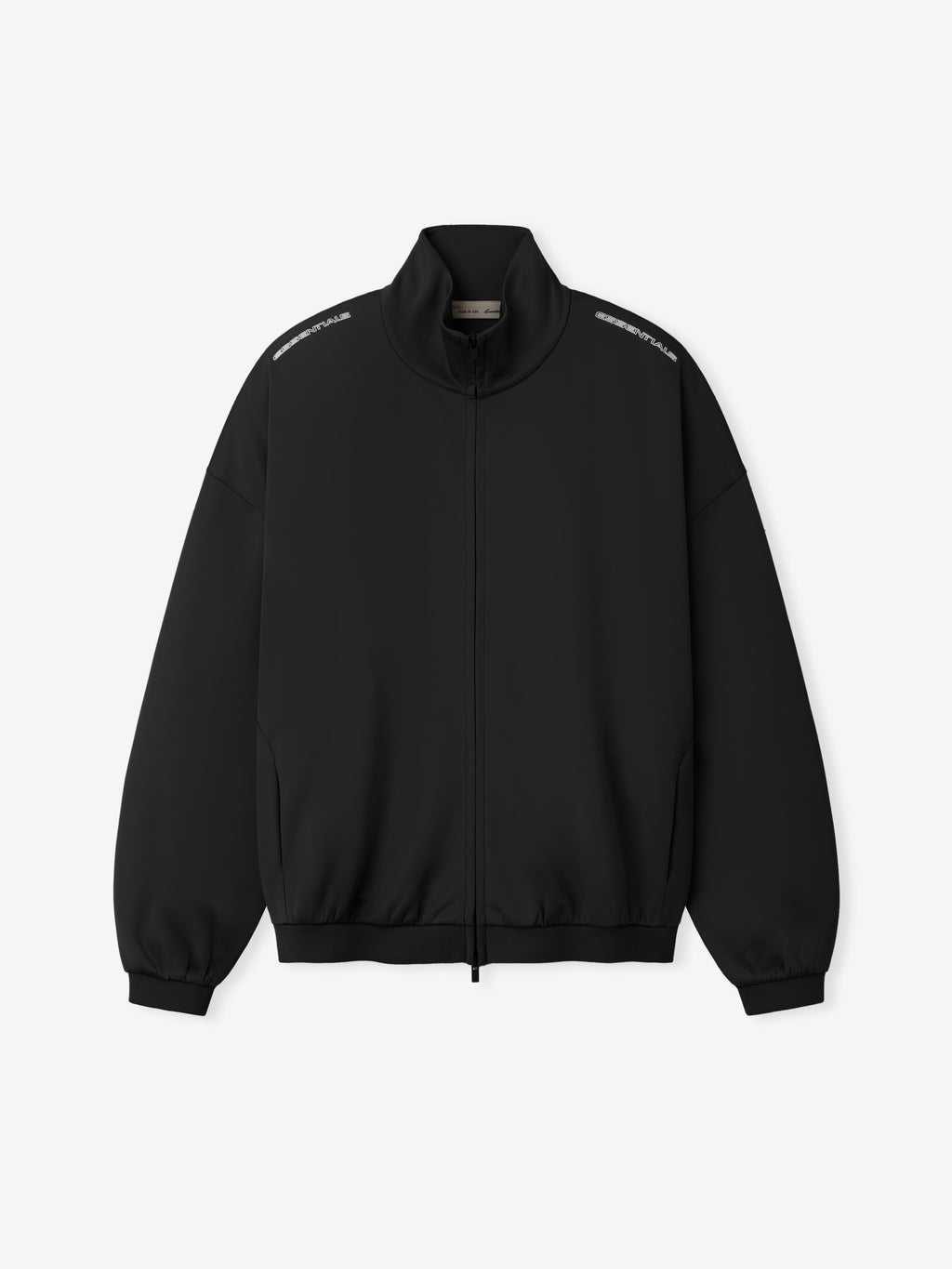 Tricot Modern Track Jacket in black displayed flat with a stand collar full zip front angled pockets elastic cuffs and ribbed hem as Outerwear