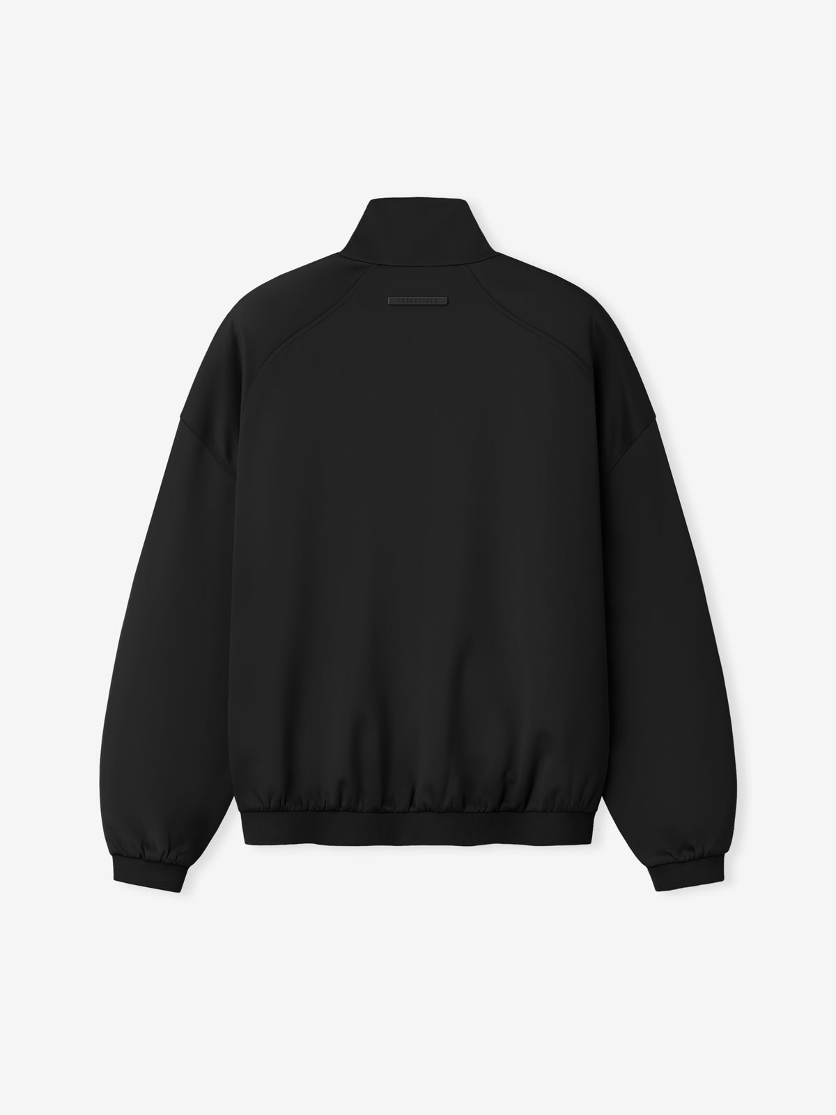 Tricot Modern Track Jacket in black displayed flat from the back with a stand collar raglan sleeves elastic cuffs and gathered hem as Outerwear