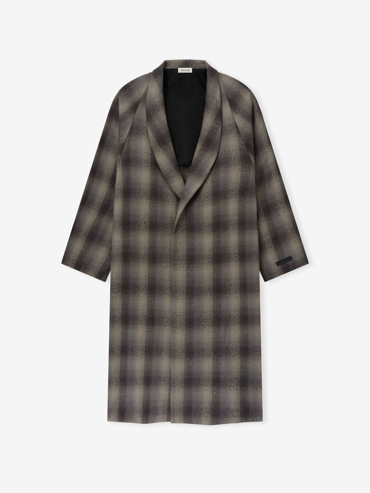 Cotton Wool Flannel Robe shown flat from the front in a gray and black plaid pattern with long sleeves open front lapel collar and straight hem as Outerwear