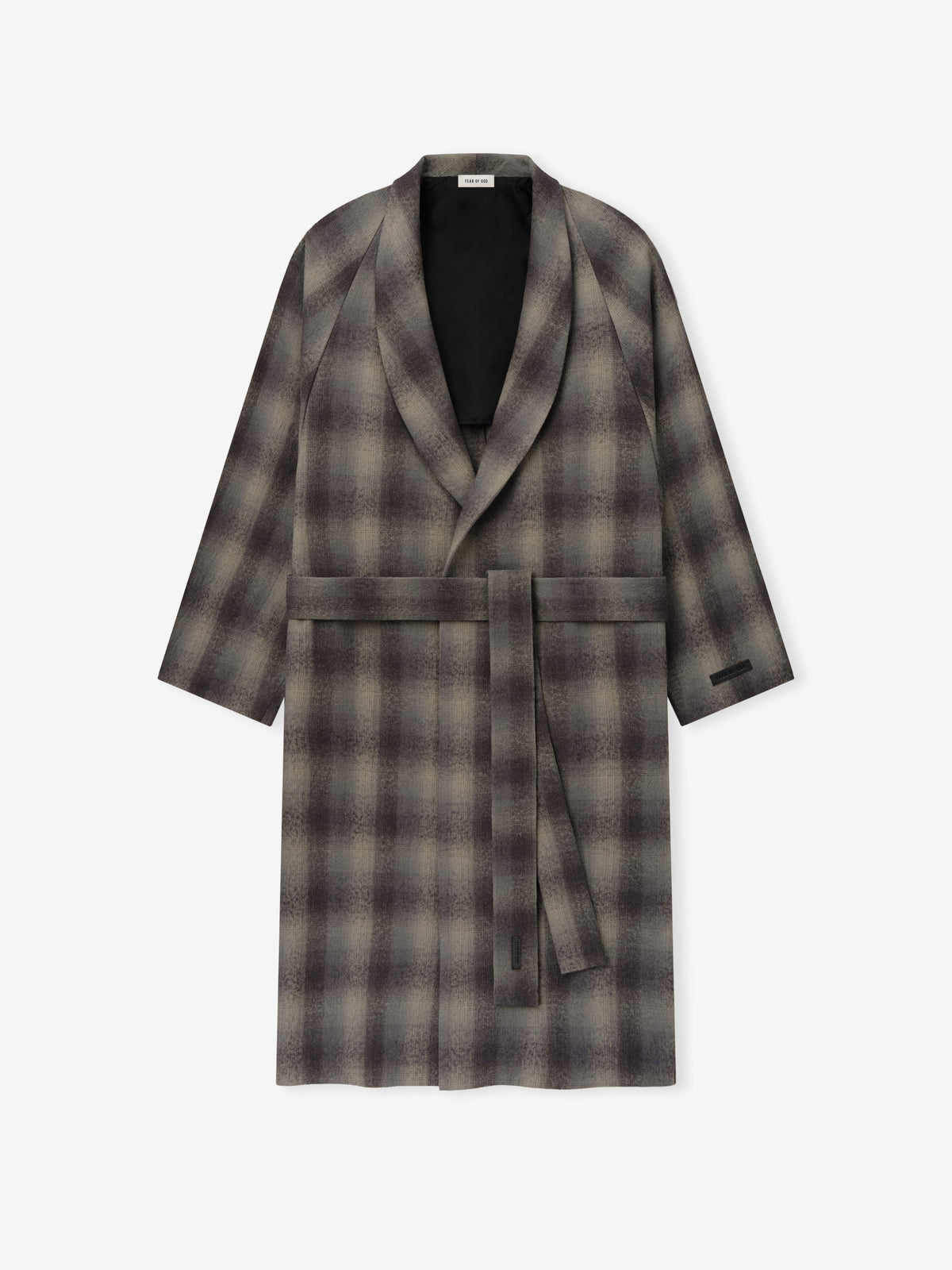 Cotton Wool Flannel Robe shown flat from the front in a gray plaid pattern with long sleeves shawl collar tie belt and front pockets as Outerwear