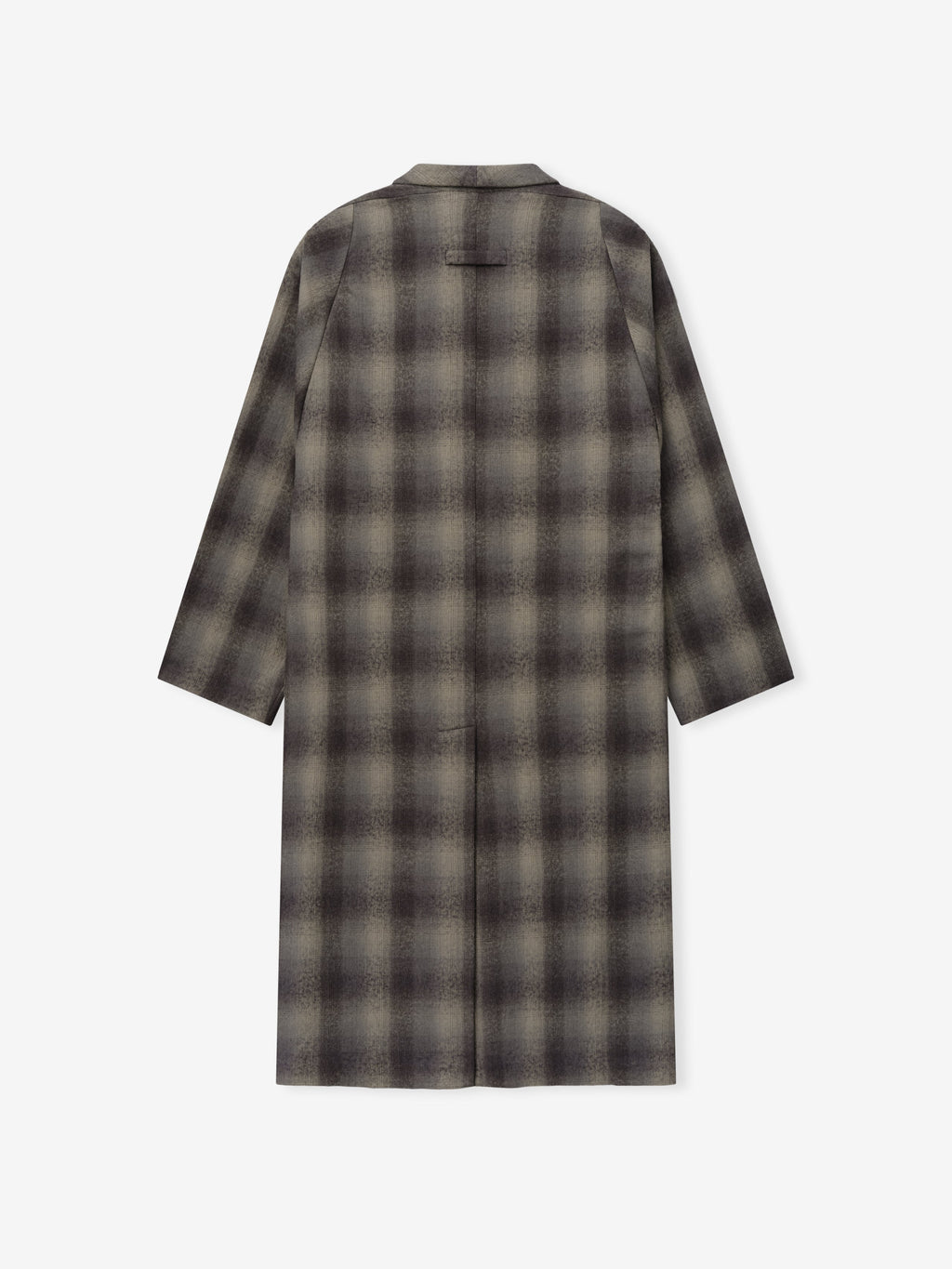 Cotton Wool Flannel Robe shown from the back in a gray and black plaid pattern with long sleeves a stand collar and straight hem as Outerwear