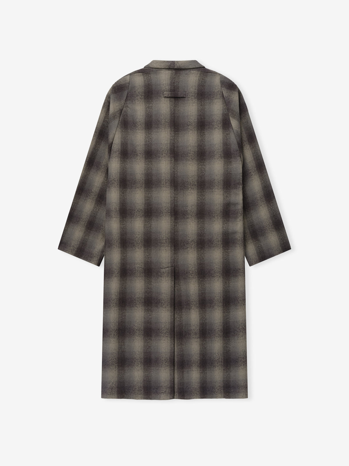 Cotton Wool Flannel Robe shown from the back in a gray and black plaid pattern with long sleeves a stand collar and straight hem as Outerwear