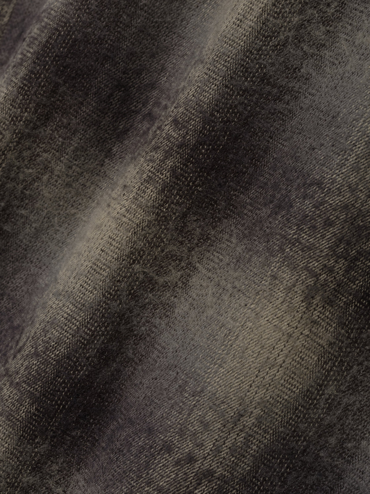 Cotton Wool Flannel Robe shown in close detail with soft brushed gray and black plaid fabric and diagonal twill texture as Outerwear