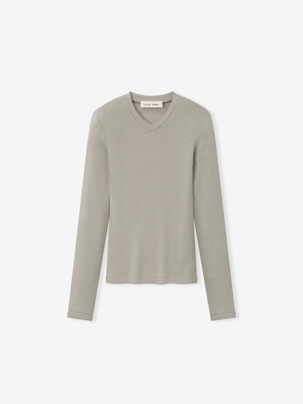Womens Longsleeve V-Neck in light grey shown flat with a slim silhouette long sleeves and a clean V neckline on a plain background as Tops