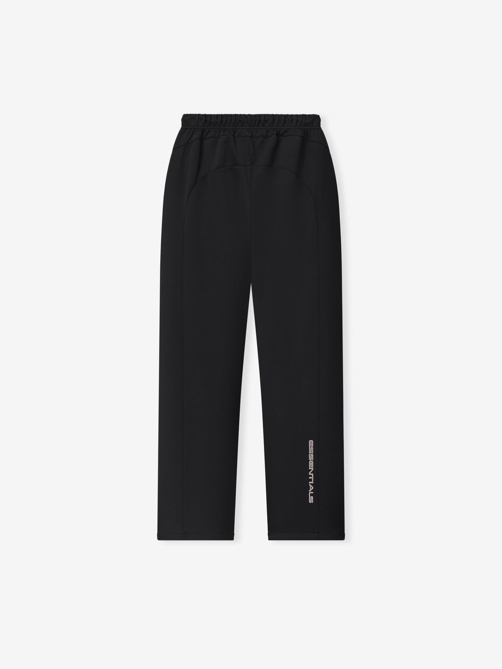 Womens Slim Trackpant in black displayed flat with an elastic waistband slim straight legs and subtle lower leg branding as Bottoms