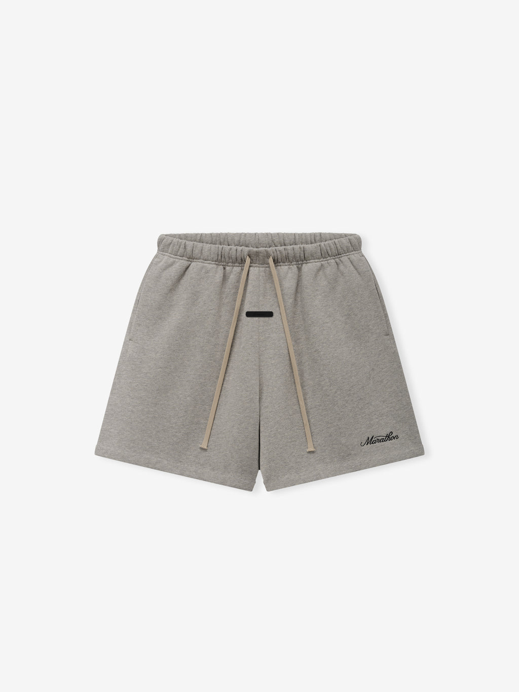 Marathon Classic Short in heather gray with an elastic drawstring waist side pockets and subtle black logo detail displayed flat as Bottoms