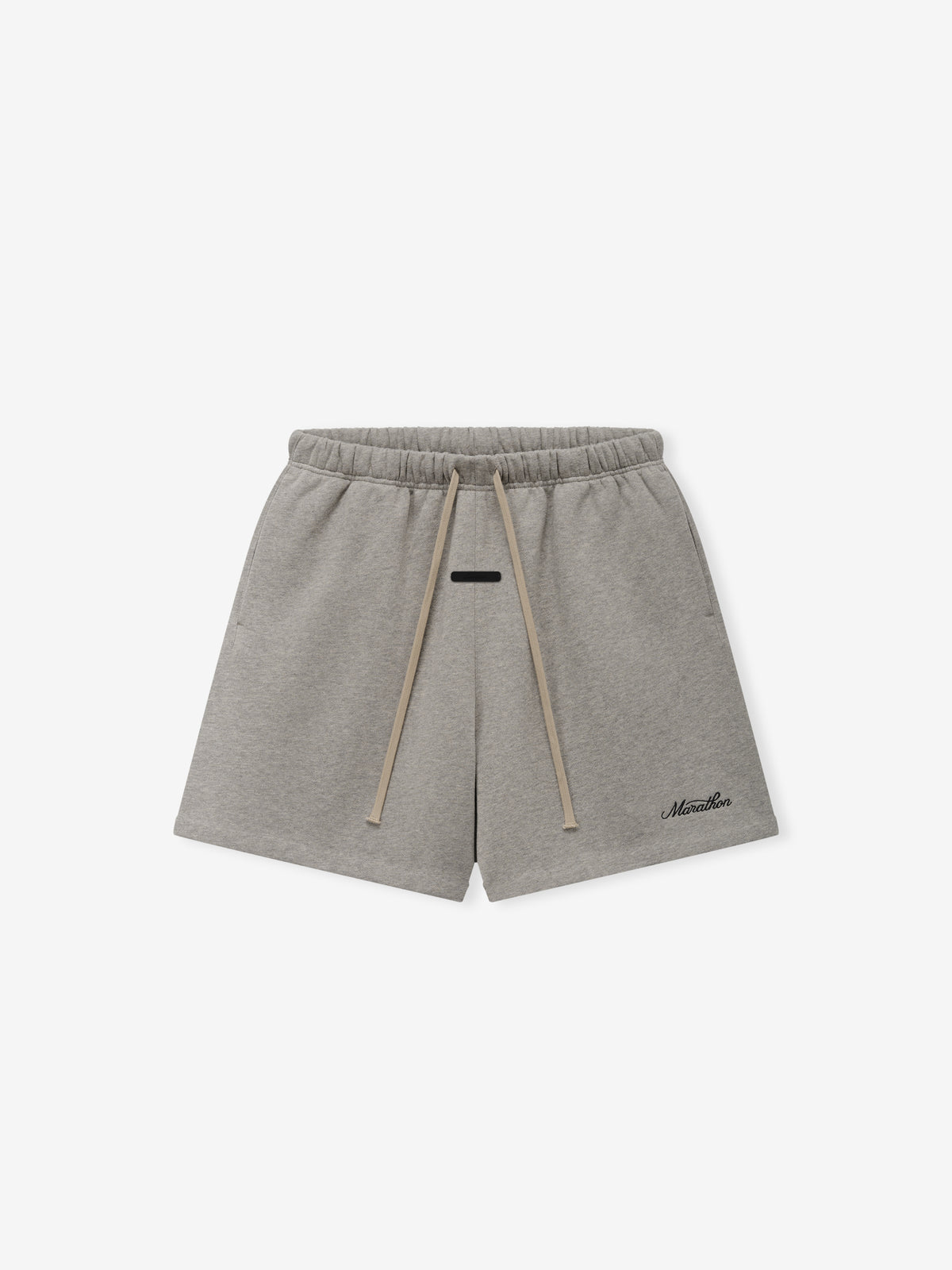 Marathon Classic Short in heather gray with an elastic drawstring waist side pockets and subtle black logo detail displayed flat as Bottoms