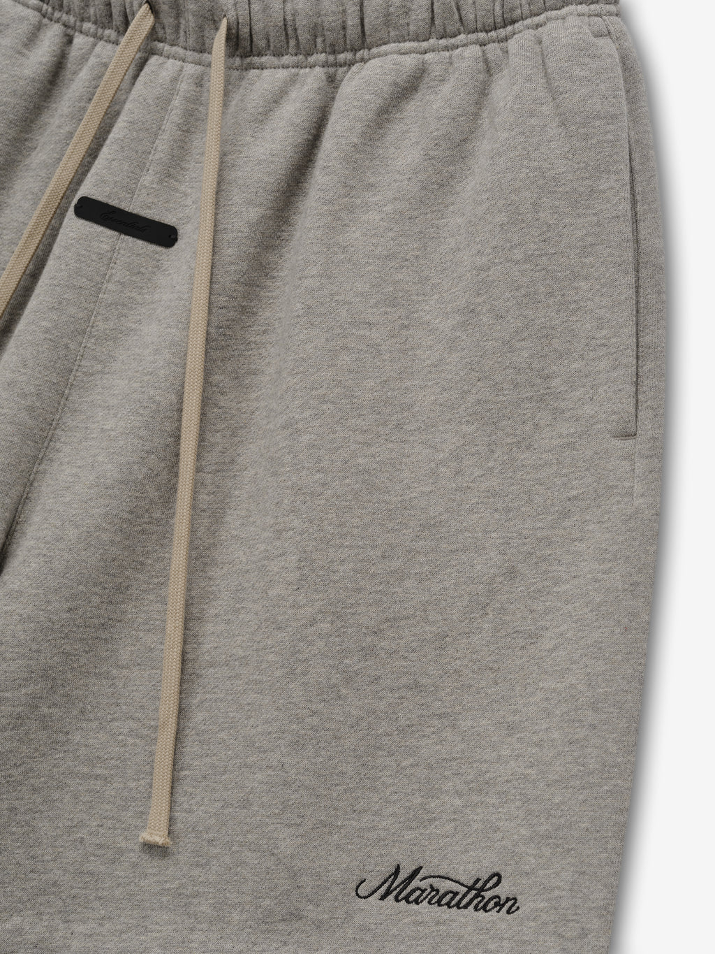 Marathon Classic Short in heather gray showing an elastic drawstring waistband side pocket and black Marathon logo detail as Bottoms
