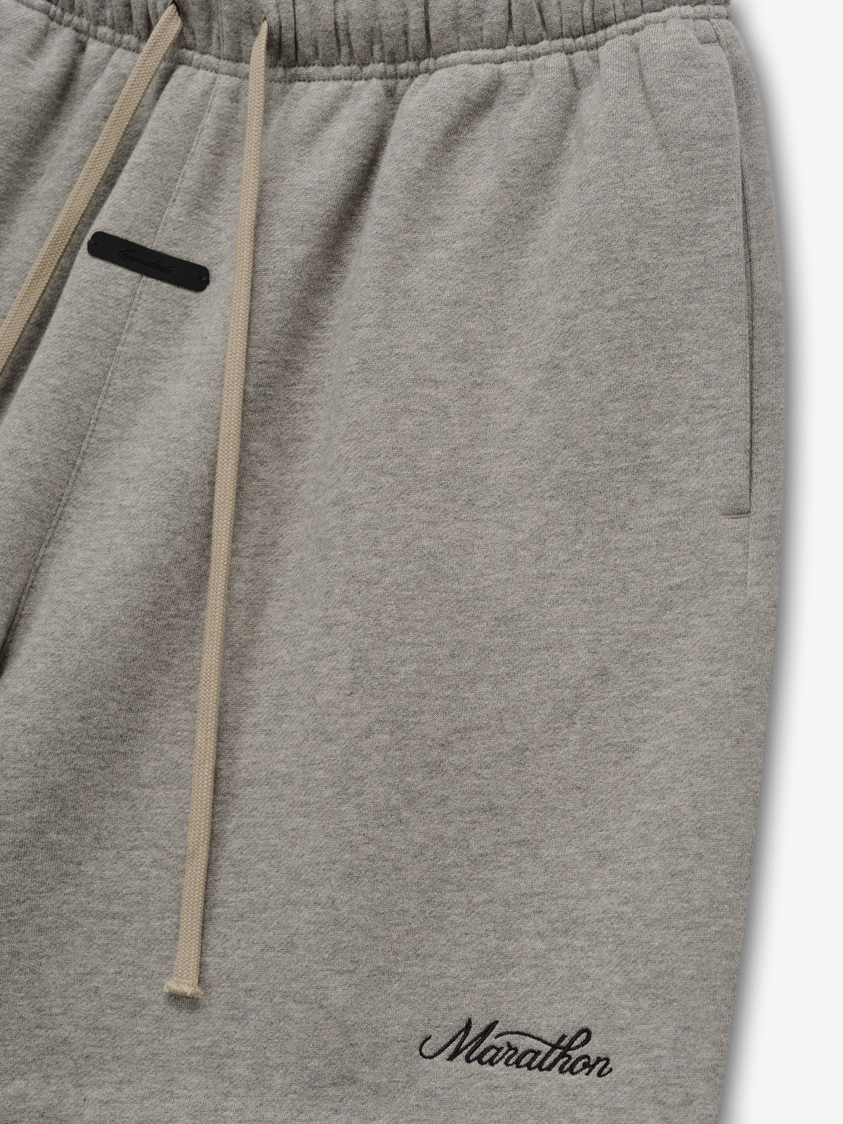 Marathon Classic Short in heather gray showing an elastic drawstring waistband side pocket and black Marathon logo detail as Bottoms