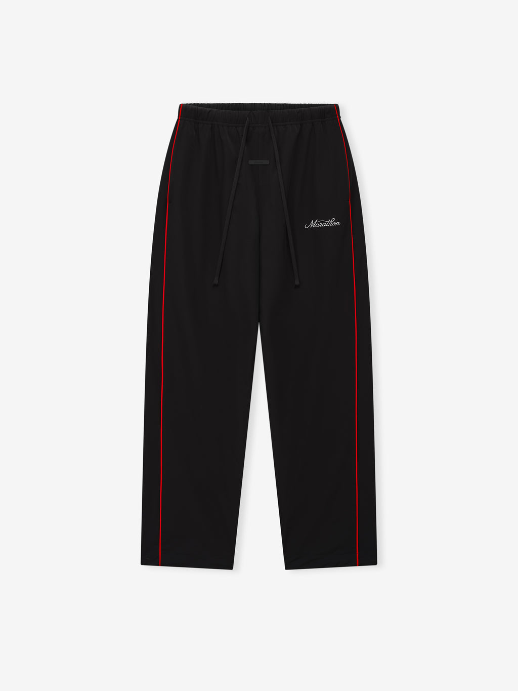 Marathon Relaxed Track Pant in black with red side piping elastic waist drawstring and Marathon logo displayed flat as Bottoms