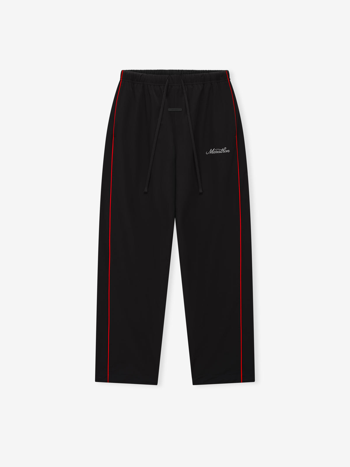 Marathon Relaxed Track Pant in black with red side piping elastic waist drawstring and Marathon logo displayed flat as Bottoms