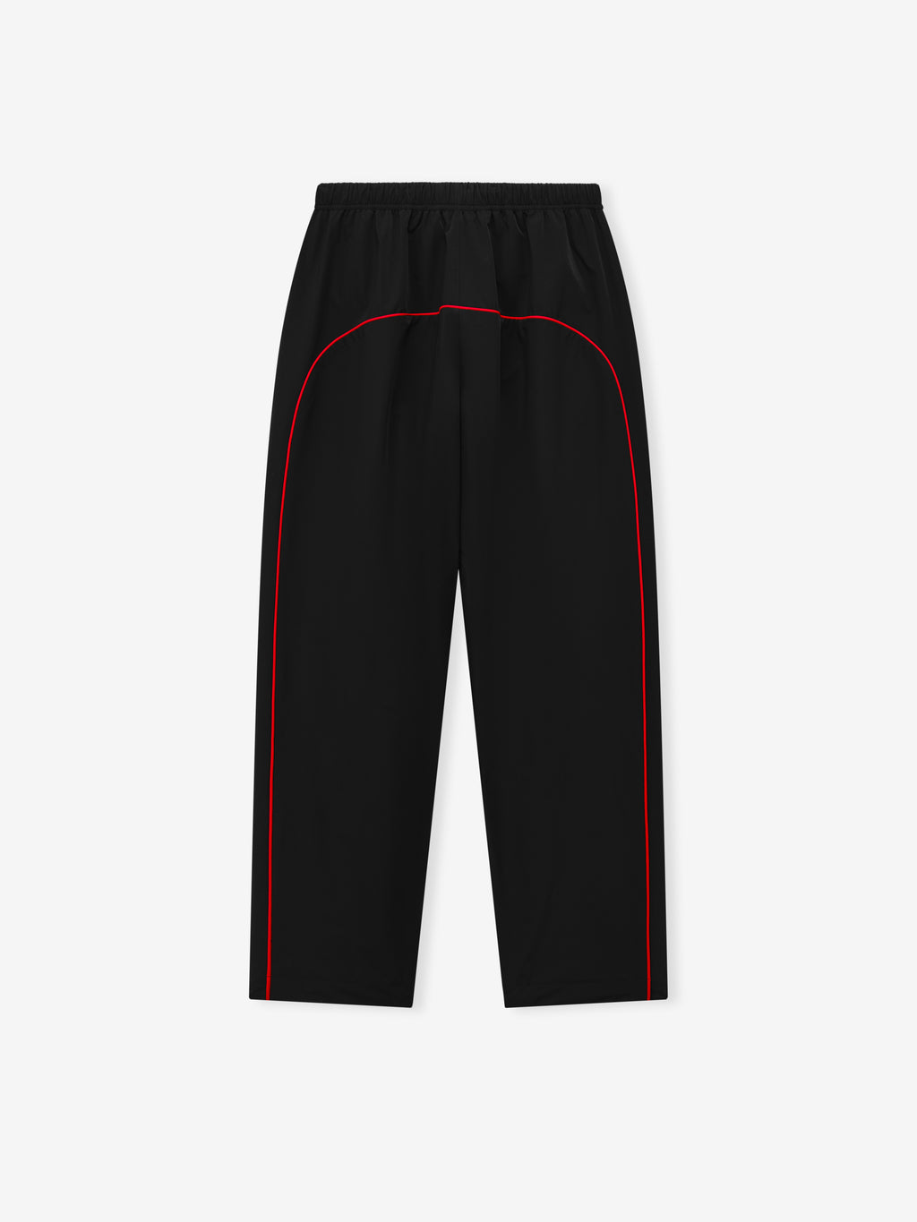 Marathon Relaxed Track Pant in black with red side piping and elastic waistband displayed flat as Bottoms